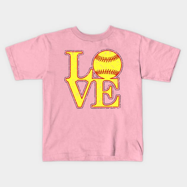 Vintage LOVE Girl's Softball Fastpitch Softball Lover Fast Pitch Kids T-Shirt by TeeCreations